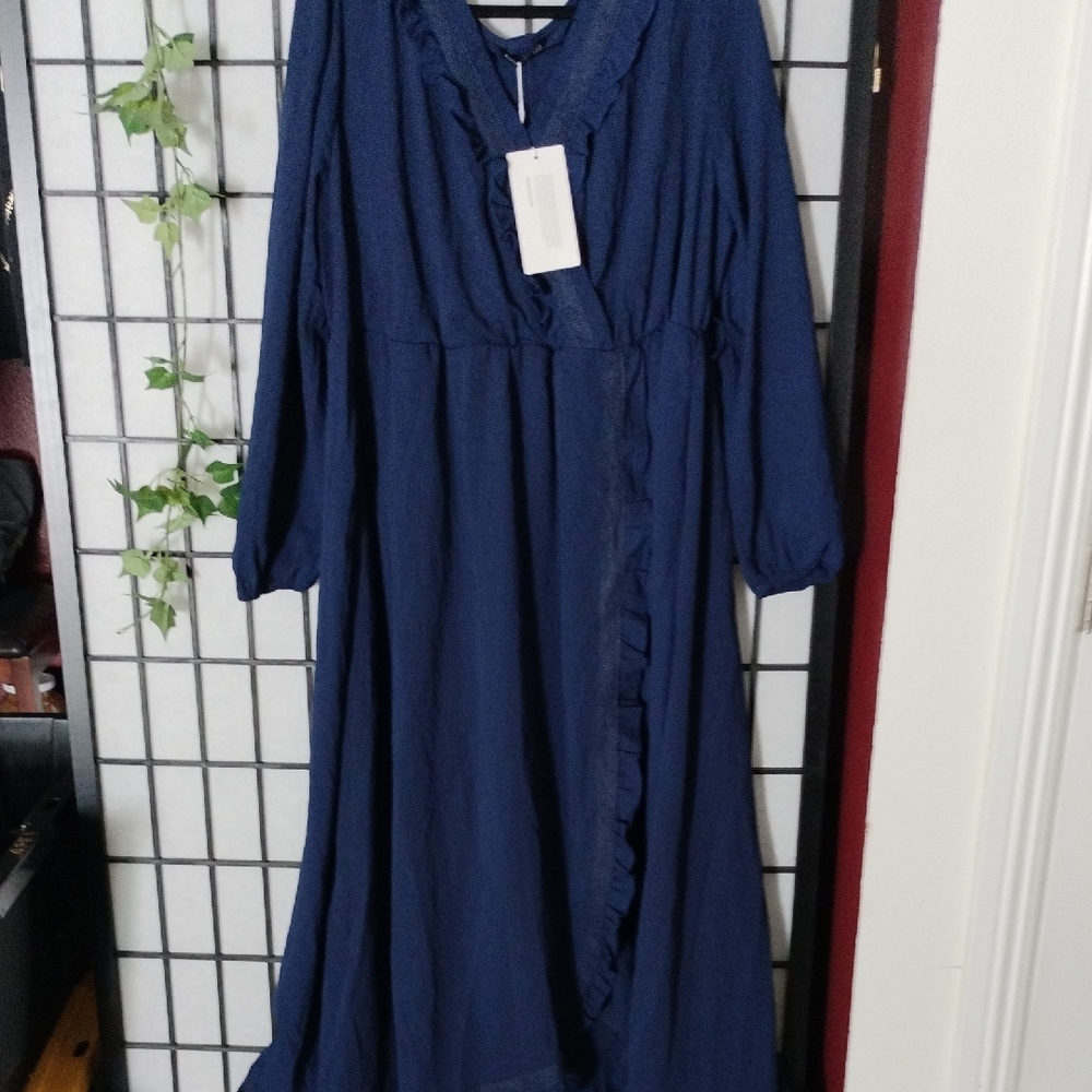 Long Navy Ruffle Wrap Dress - Women